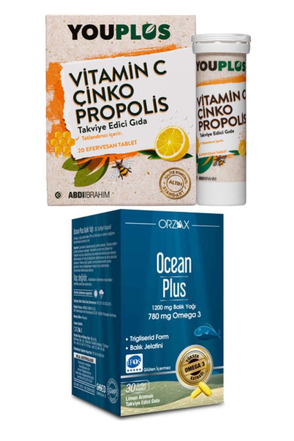 Vitamin C, Çinko Propolis 20 Efervesan Tablet Ve Ocean Plus Omega 3 1200 mg 30 Kapsül