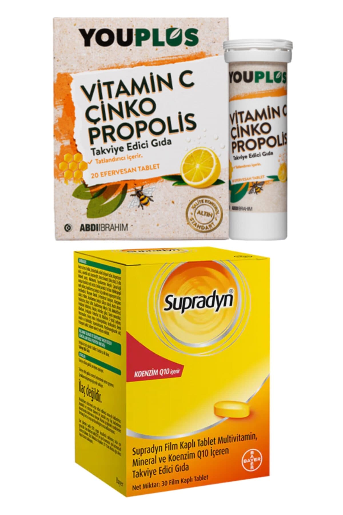 Vitamin C, Çinko, Propolis 20 Efervesan Tablet + Suprayn Koenzim Q10 30 Tablet
