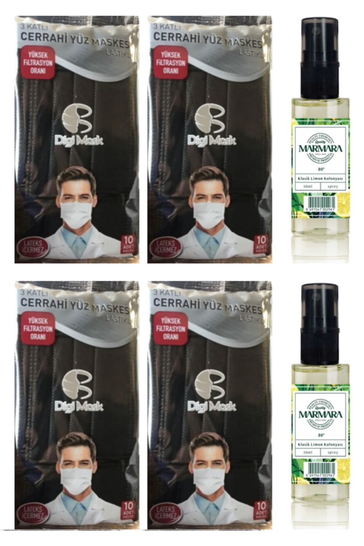Digi Mask Siyah 3 Katlı Telli 10'lu 4 Adet Ve Marmara 80° Sprey Limon Kolonyası 50ml 2 Adet