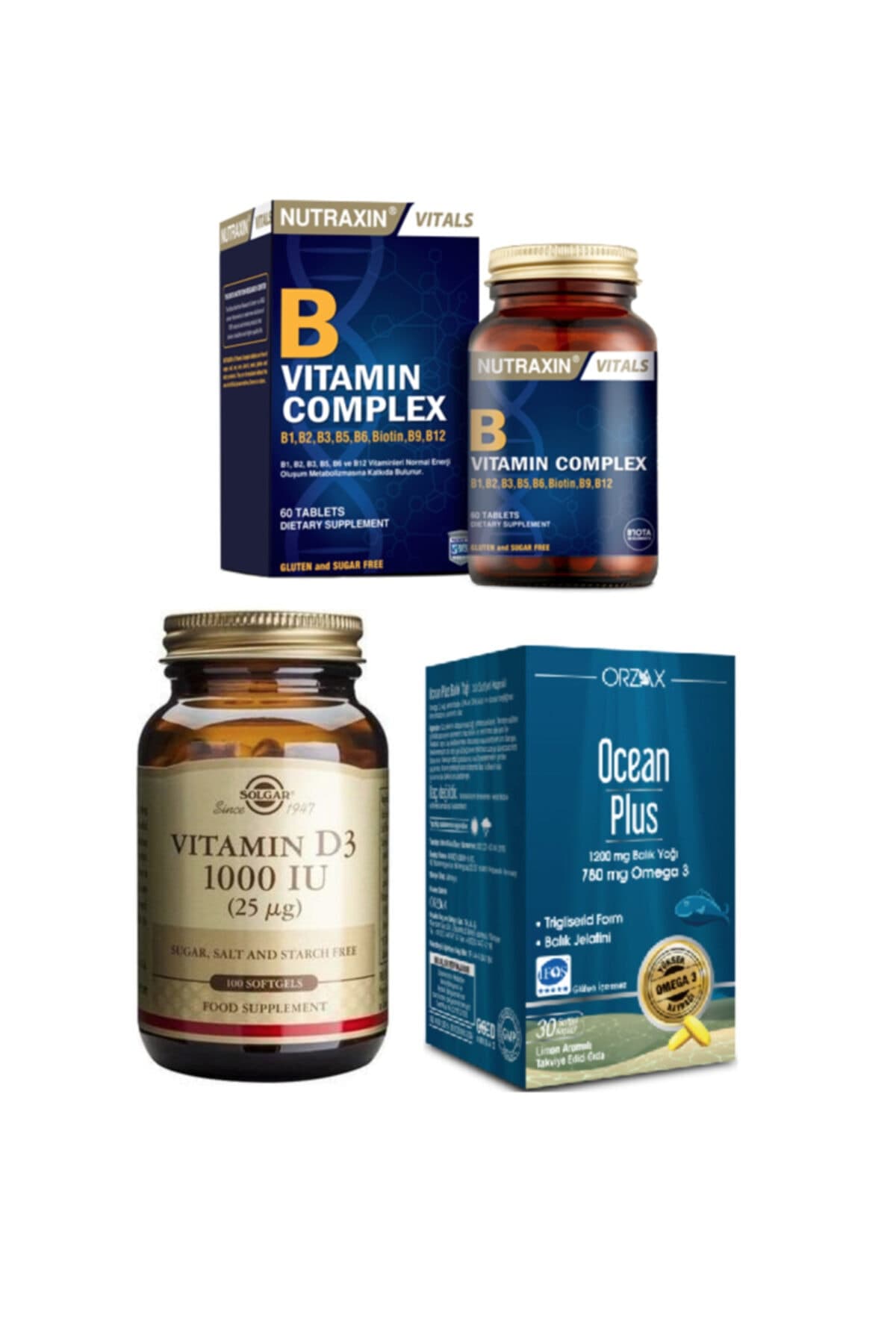 B Vitamini 60 Tablet + Solgar D3 Vitamini 100 Yumuşak Kapsül + Ocean 1200mg Balık Yağı 30 Kapsül