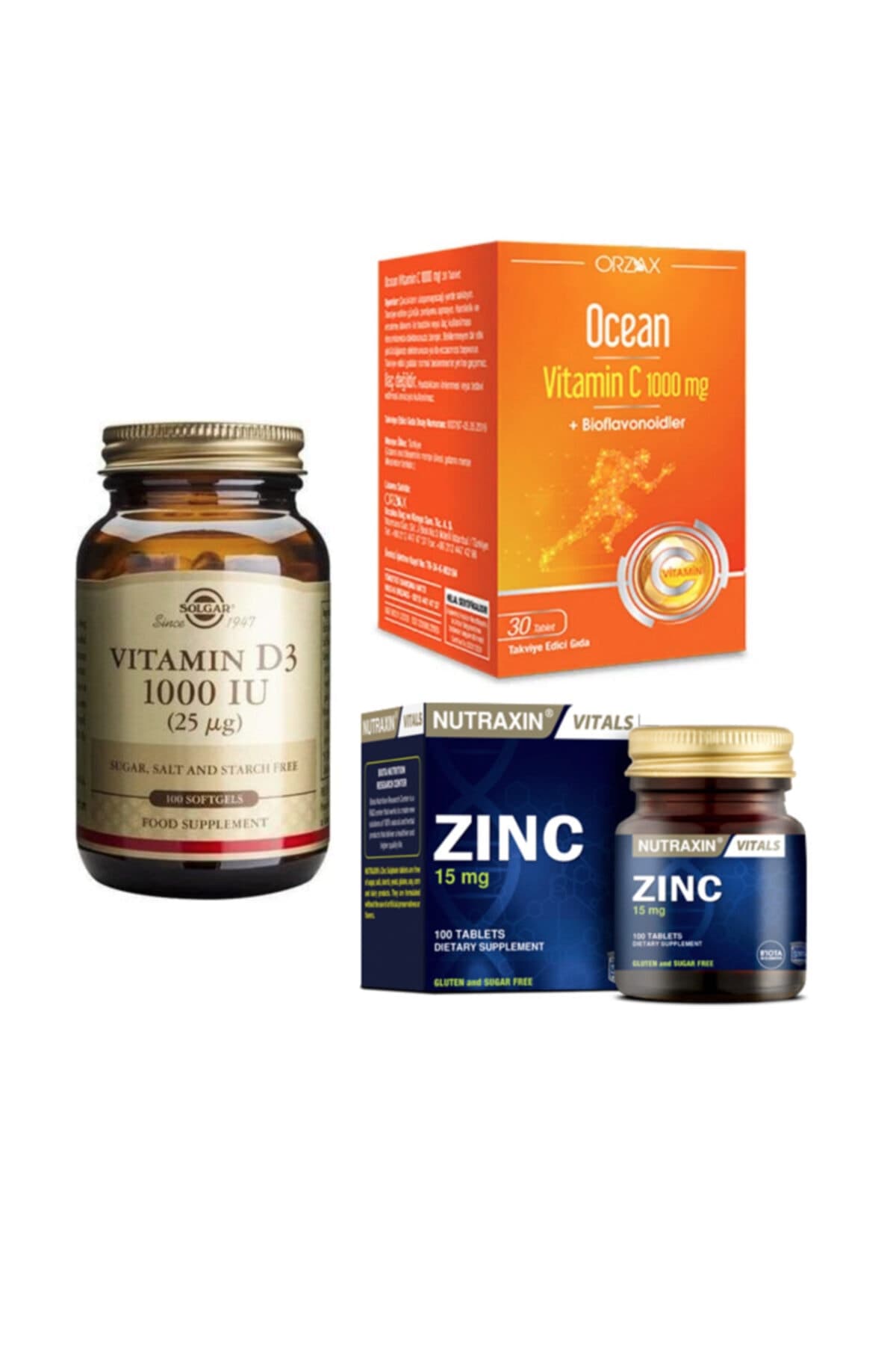 D3 Vitamini 100 Yumuşak Kapsül+nutraxin Çinko 15 Mg 100 Tablet+ocean C Vitamini 1000 Mg 30 Tablet