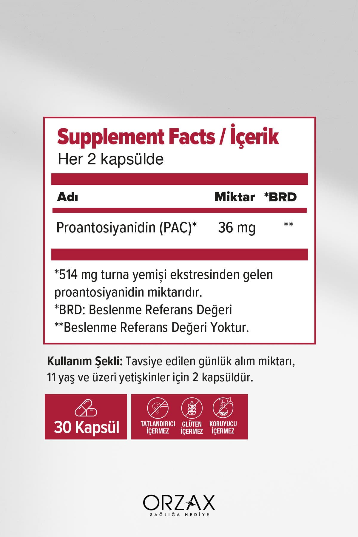 Cranberry - Turna Yemişi Ekstresi Proantosiyanidin (PAC) İçeren Takviye Edici Gıda- 30 Kapsül