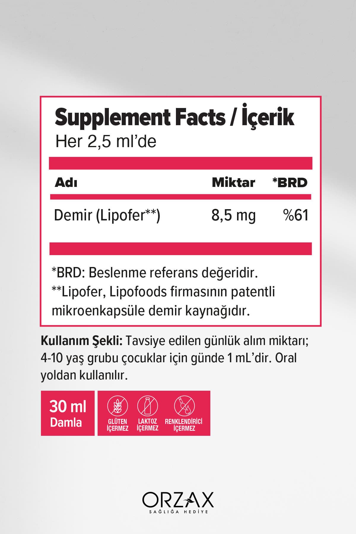 Microfer Demir Takviye Edici Gıda (Lipofer: Patentli Mikroenkapsüle Demir Kaynağı) - Damla - 30 ml