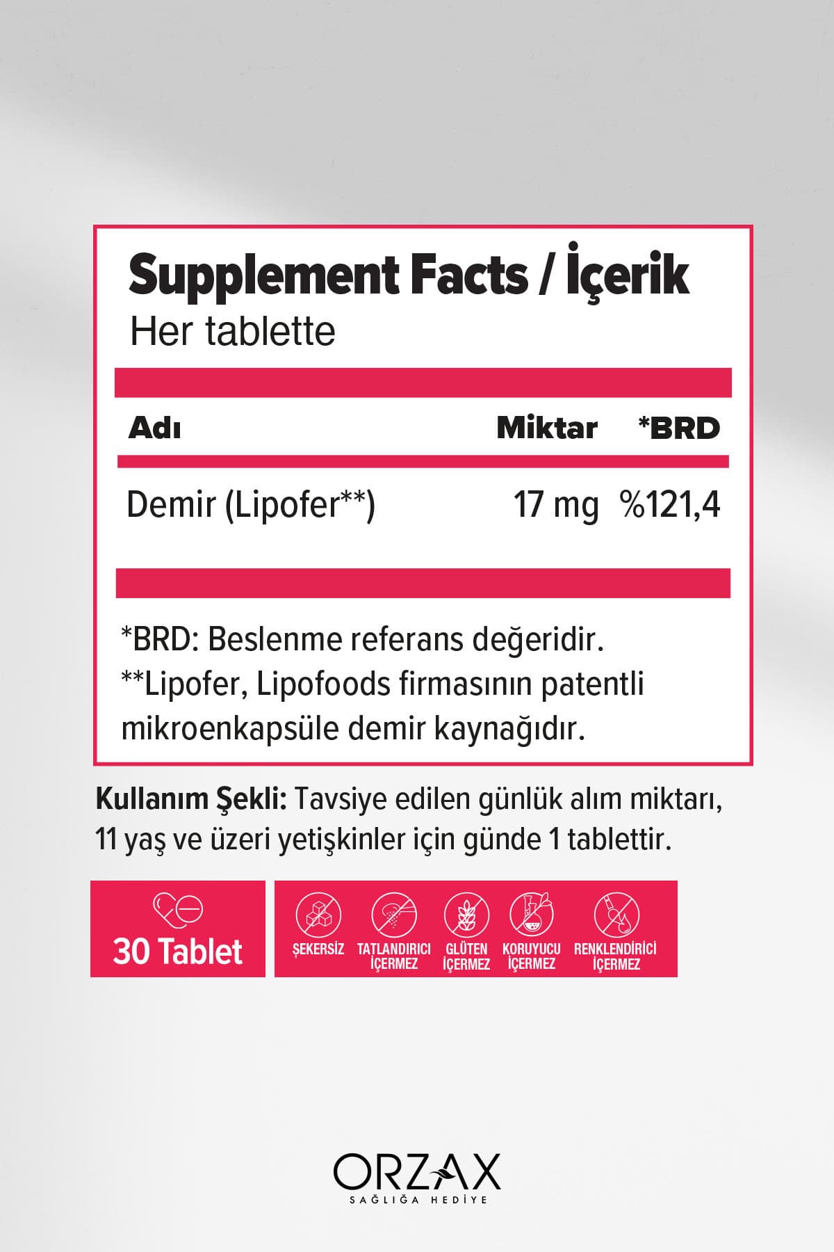 Microfer Demir Takviye Edici Gıda (Lipofer: Patentli Mikroenkapsüle Demir Kaynağı) 30 Tablet