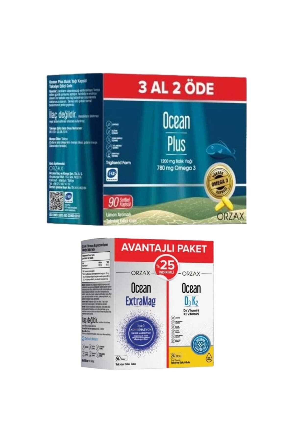 Ocean Plus 3 Al 2 Öde 1200 Mg Balık Yağı 90 Kapsül + Extramag 60 Tablet & D3 K2 20 ml %25