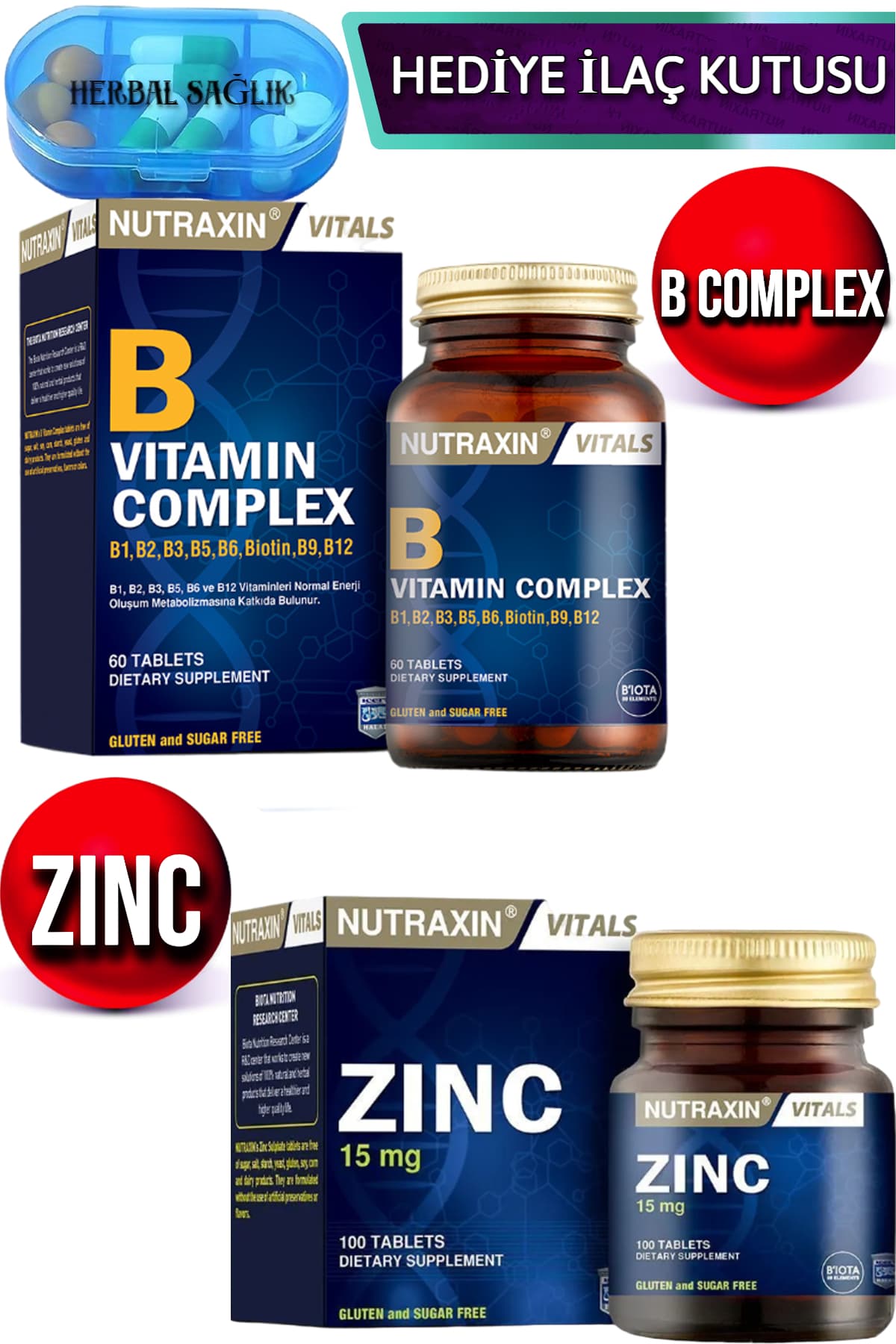 B Complex 60 Adet Vitamin Tablet + Nutraxin Zinc-Çinko Sulphate 100 Adet Tablet 15 Mg